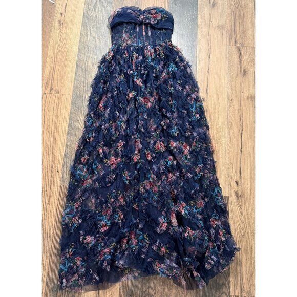 Lulus Stunning Element Navy Floral Mesh Ruffled Strapless Maxi Dress Size S NWOT - Picture 2 of 6